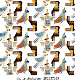 Seamless background pattern of birds in geometric style. Toucan, parrot, parakeet, cockatoo in Mexican style. Vector illustration