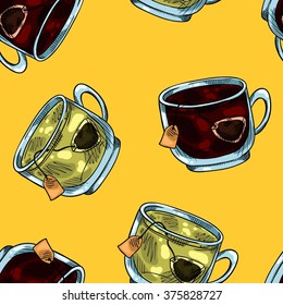 Seamless background with a pattern of black and green tea in transparent cups