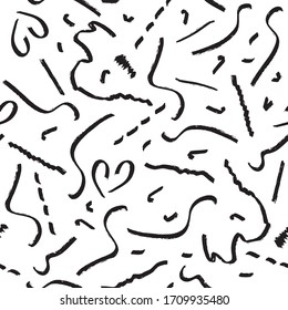Seamless Background Pattern of Black Grunge Brushes Strokes on White. Endless Geometric pattern for Gift Wrapping Paper or Invitation Template. Hand Drawn Doodle Style Backdrop.