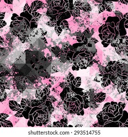  Seamless background pattern. Black grunge roses on trash pink background.