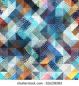 Seamless background pattern. Blue geometric mosaic on gray.