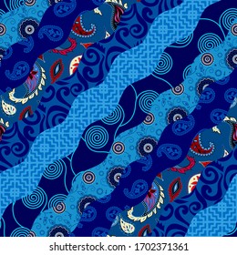 Seamless background pattern. Blue ormanetal pattern in patchwork style. Vector image