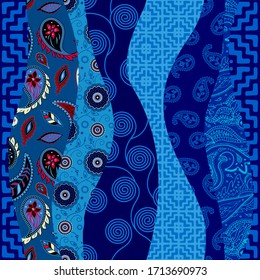 Seamless background pattern. Blue ormanetal pattern in patchwork style. Vector image