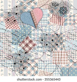 Seamless background pattern. Blue patchwork with the embroidery in scrapbook style.