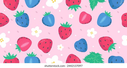 Seamless background pattern with blue and red strawberries. Hand-drawn vector texture for wallpapers, fabric.