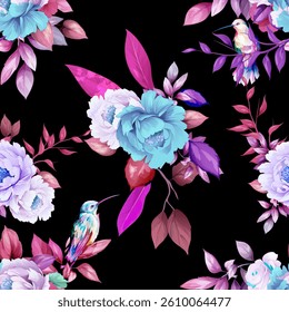 Seamless background pattern with blue and white peony on black. Hand drawn illustration. Pure vector - stock.