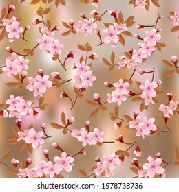 Seamless background pattern of branches  pink Japanese cherry flower on colored abstract background. Sakura flowers seamless texture, vector illustration