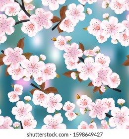 Seamless background pattern of branches  pink Japanese cherry flower on dark blue abstract background in a random arrangement square format. Sakura flowers seamless texture, EPS 10 vector