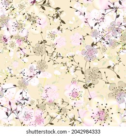 Nahtlose Hintergrundmuster von Zweigen rosafarbene japanische Kirschblume auf hellbraunem Hintergrund in einem zufälligen quadratischen Format, geeignet für Textilien. Sakura-Blumenstruktur, EPS10-Vektorgrafik