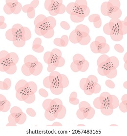 Seamless background pattern of branches pink Japanese cherry flower on gray background in a random arrangement square format. Sakura flowers texture, EPS 10 vector