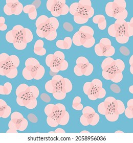 Seamless background pattern of branches pink Japanese cherry flower on gray background in a random arrangement square format. Sakura flowers texture, EPS 10 vector