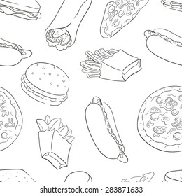 Seamless background with a pattern of burger, hot dog, sandwich, wrap, pizza, french fries. Black and white outline