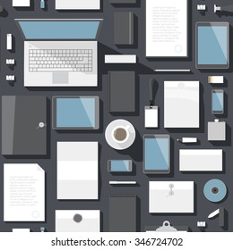 Seamless background pattern for business. Stationery office objects and computer devices. Vector illustration.
