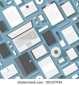 Seamless background pattern for business. Stationery office objects and computer devices. Vector illustration.