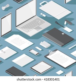Seamless background pattern for business. Stationery office objects and computer devices. Vector illustration.