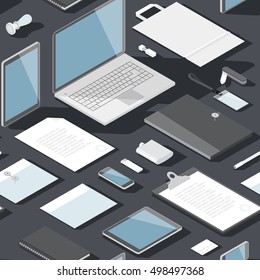 Seamless background pattern for business. Stationery office objects and computer devices. Vector illustration.