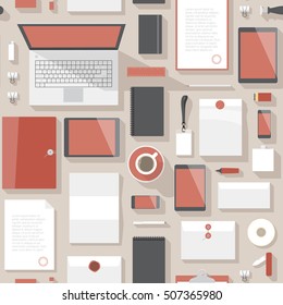 Seamless background pattern for business. Stationery office objects and computer devices. Vector illustration.