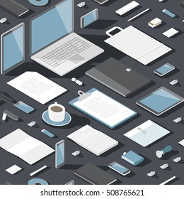 Seamless background pattern for business. Stationery office objects and computer devices. Vector illustration.