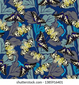 Seamless background with a pattern of butterflies. Aglais io, Parnassius apollo, Acherontia atropos, Papilio machaon. Graphic art. Butterfly Cabbage. Hand drawn