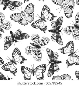 Seamless background with a pattern of butterflies. Aglais io, Parnassius apollo, Acherontia atropos, Papilio machaon. Graphic art. Hand drawn