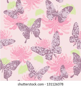 Seamless background pattern with butterflies & flowers