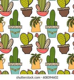 Seamless background pattern with cactus in pots. Indoor plants in a flat style. Natural background with cacti. Vector illustration.