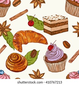 Seamless background pattern. Cakes, buns and coffee elements. Hand drawn. Can be used in design, background, cover, appearance, etc. Vector - stock.