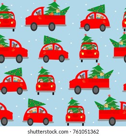Seamless background, pattern. The car carries a Christmas tree to decorate the house. Set car on a blue background. Colorful vector illustration for the winter holidays. You can use for funny Christma