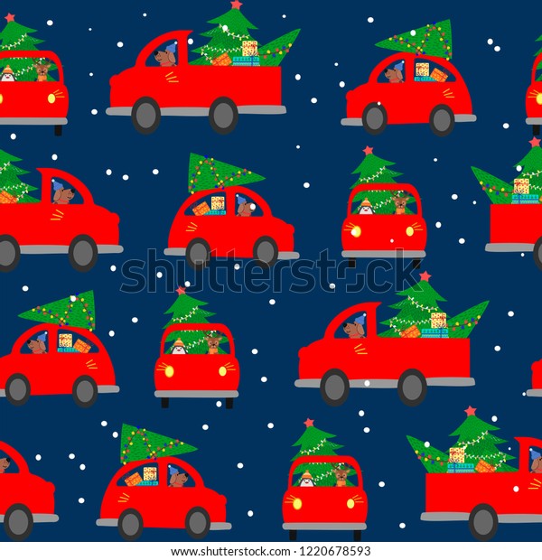 Seamless Background Pattern Car Carries Christmas Stock Vector