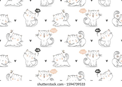 Seamless background pattern of cartoon baby kitty cats. Hand drawn cute animal character. Cartoon design vector illustration.