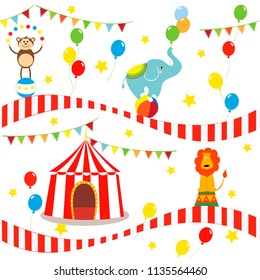 Seamless background, pattern, cartoon cute elephant, lion and monkey with circus tent. vector illustration.