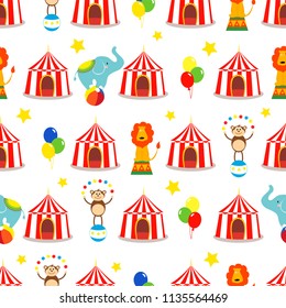 Seamless background, pattern, cartoon cute elephant, lion and monkey with circus tent. vector illustration.