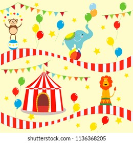 Seamless background, pattern, cartoon cute elephant, lion and monkey with circus tent. vector illustration.