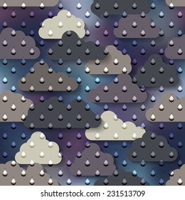 Seamless background pattern. Cartoon rain on clouds background.