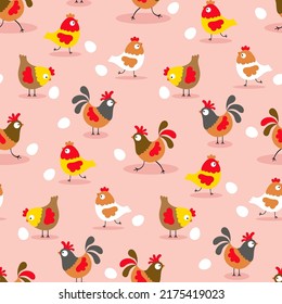 Seamless background pattern with chickens, roosters and eggs
