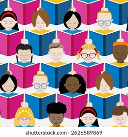 A seamless background pattern of children reading books. Editable vector available.