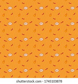 Patrón de fondo sin foco de pimientos y llamas en líneas onduladas blancas de color naranja.