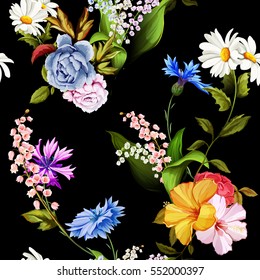Seamless background pattern of chinese roses, peony, cornflowers, lily of the valley, camomile with leaves on black. Vector - stock.