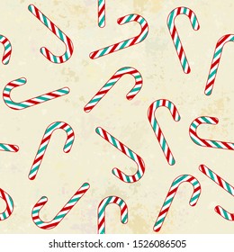 Seamless background pattern with Christmas lollipop in grunge retro style. Vector image