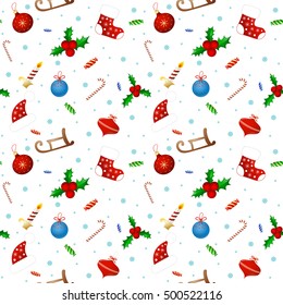 Seamless background pattern. Christmas mittens, candy cane, holly berries