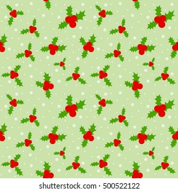 Seamless background pattern. Christmas mittens, candy cane, holly berries