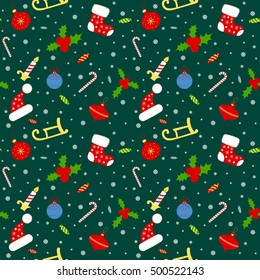 Seamless background pattern. Christmas mittens, candy cane, holly berries