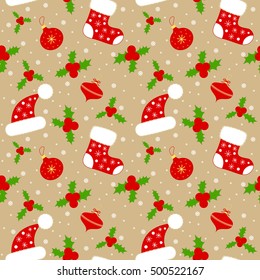 Seamless background pattern. Christmas mittens, candy cane, holly berries