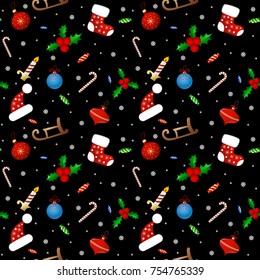 Seamless background pattern. Christmas mittens, candy cane, holly berries