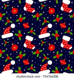 Seamless background pattern. Christmas mittens, candy cane, holly berries