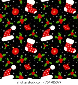 Seamless background pattern. Christmas mittens, candy cane, holly berries