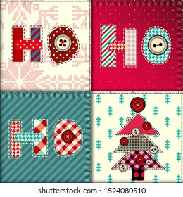 Seamless background pattern. Christmas pattern in patchwork style with Ho-Ho-Ho lettering. Vector image