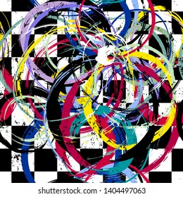 seamless background pattern, with circles, paint strokes and splashes, on black and white