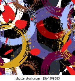 seamless background pattern, with circles, paint strokes and splashes, on black