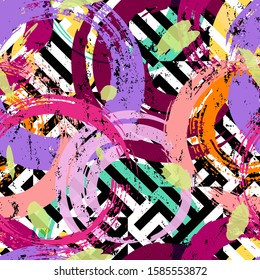 seamless background pattern, with circles, paint strokes and splashes, on black and white